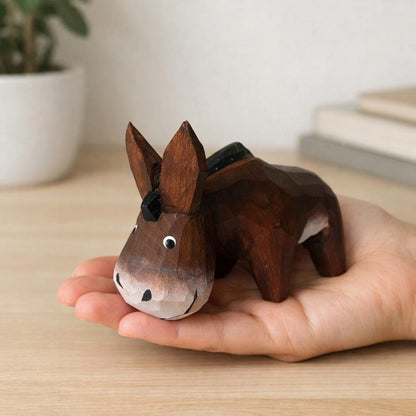 Wooden Donkey Figurine Desk Decor, Small Animal Tabletop Display