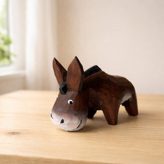 Wooden Donkey Figurine Desk Decor, Small Animal Tabletop Display